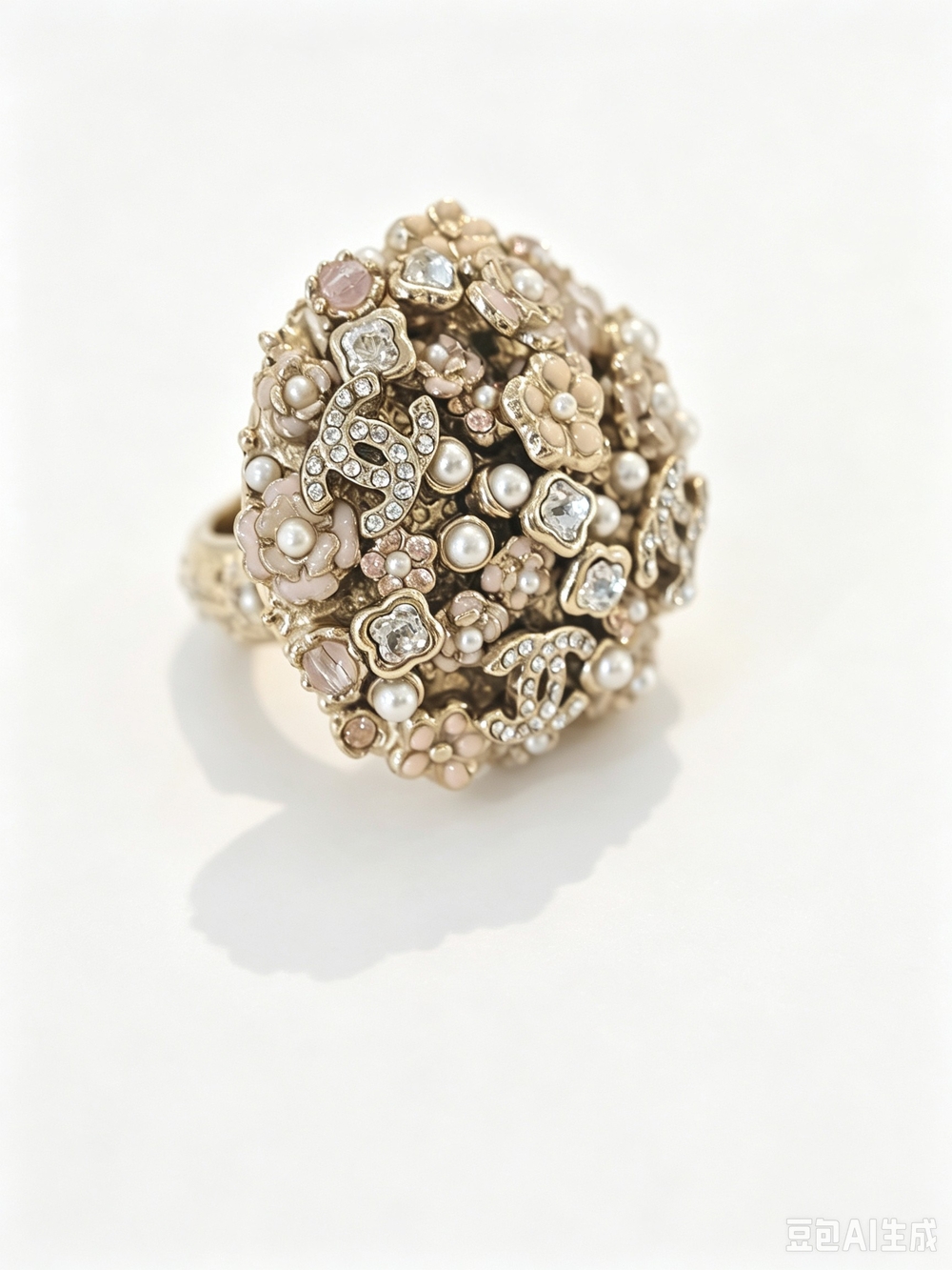 Chanel  Gold & Pearl Floral Statement Ring - Pink Accents